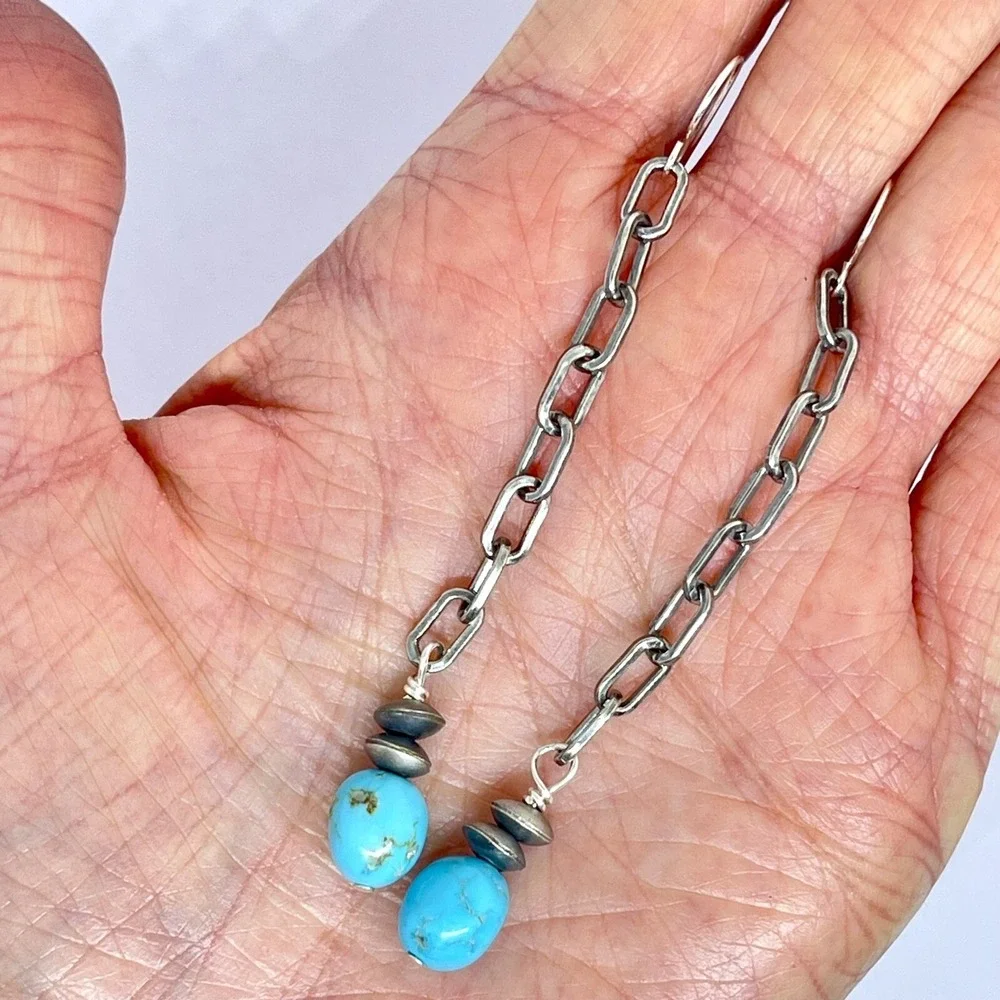Long Navajo Turquoise Earrings 3.25in Sterling 925 Dangle Navajo Matte Chain - Picture 4 of 9